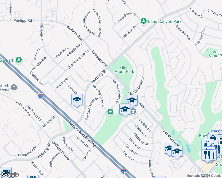 map of restaurants, bars, coffee shops, grocery stores, and more near 23835 Sweet Pea Court in Murrieta