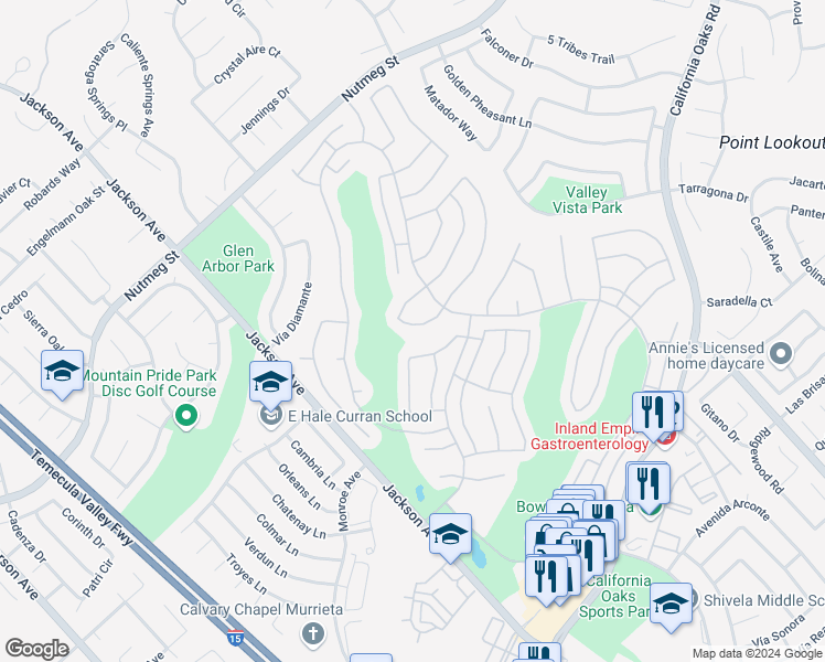 map of restaurants, bars, coffee shops, grocery stores, and more near 40518 Vía Tapadero in Murrieta