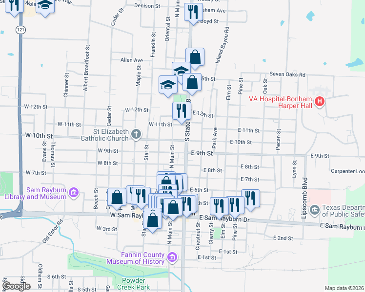 map of restaurants, bars, coffee shops, grocery stores, and more near 105 East 9th Street in Bonham