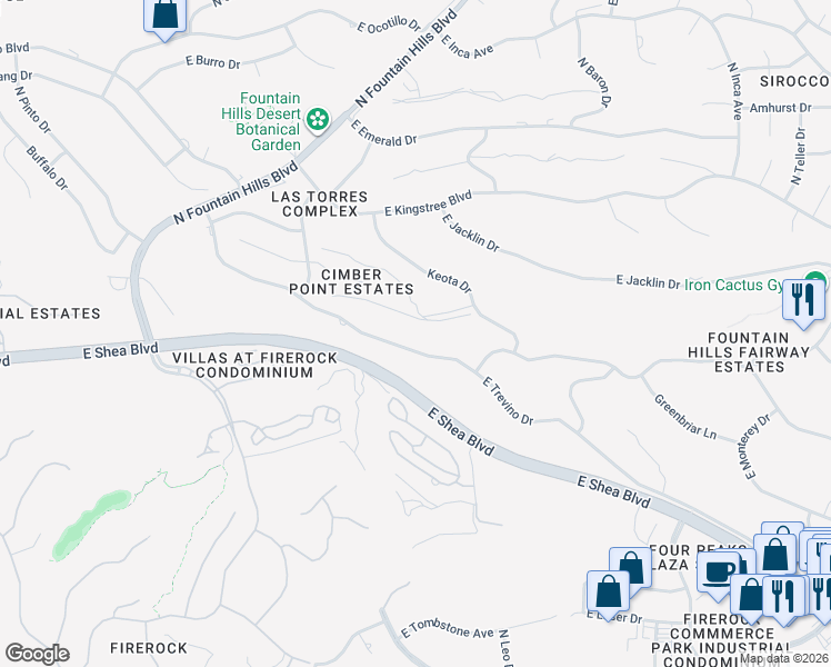 map of restaurants, bars, coffee shops, grocery stores, and more near 16218 East Trevino Drive in Fountain Hills