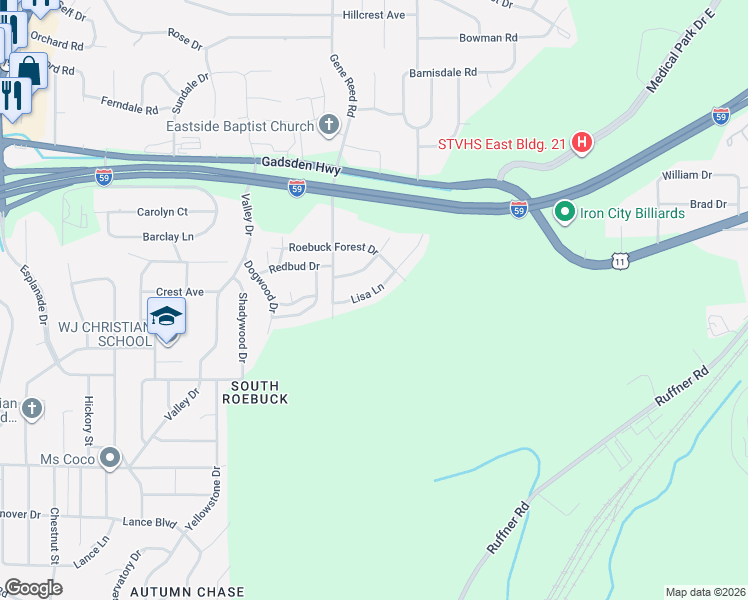 map of restaurants, bars, coffee shops, grocery stores, and more near 633 Lisa Lane in Birmingham