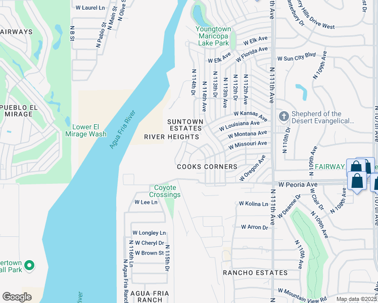 map of restaurants, bars, coffee shops, grocery stores, and more near 10800 North 115th Avenue in Youngtown