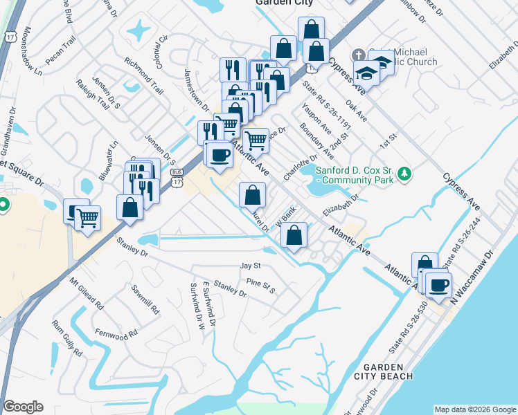 map of restaurants, bars, coffee shops, grocery stores, and more near 601 Live Oak Drive in Murrells Inlet