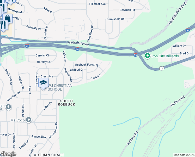map of restaurants, bars, coffee shops, grocery stores, and more near 625 Lisa Lane in Birmingham