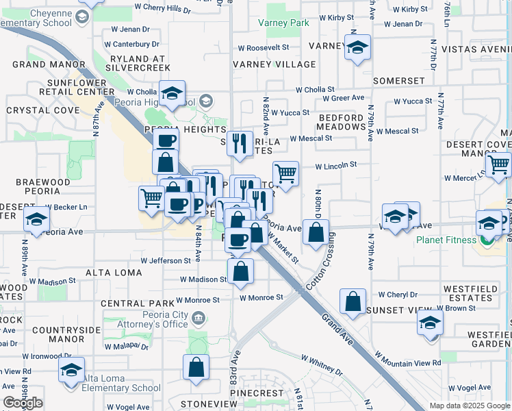 map of restaurants, bars, coffee shops, grocery stores, and more near 8270 West Peoria Avenue in Peoria