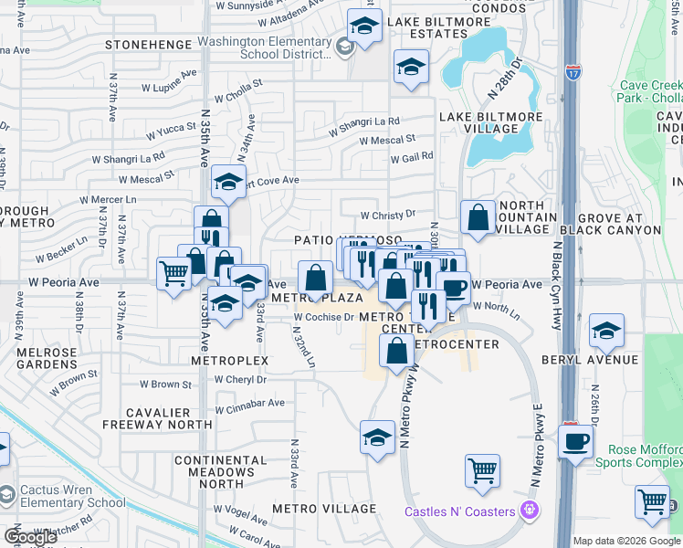map of restaurants, bars, coffee shops, grocery stores, and more near 3215 West Becker Lane in Phoenix