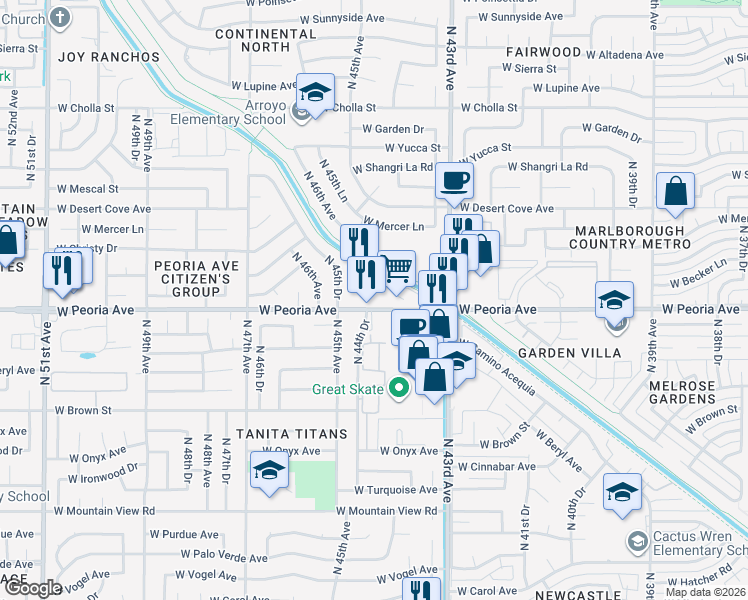 map of restaurants, bars, coffee shops, grocery stores, and more near 4490 West Peoria Avenue in Glendale