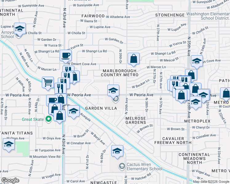 map of restaurants, bars, coffee shops, grocery stores, and more near 3937 West Becker Lane in Phoenix
