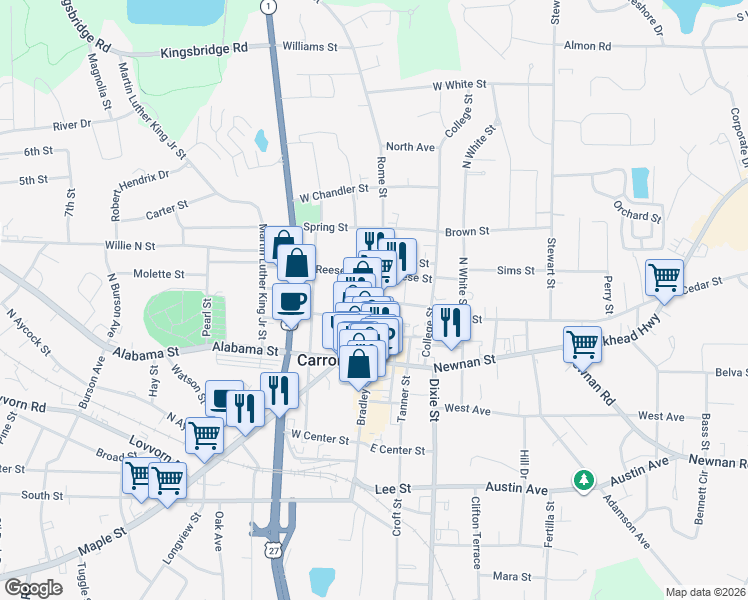 map of restaurants, bars, coffee shops, grocery stores, and more near 306 Rome Street in Carrollton