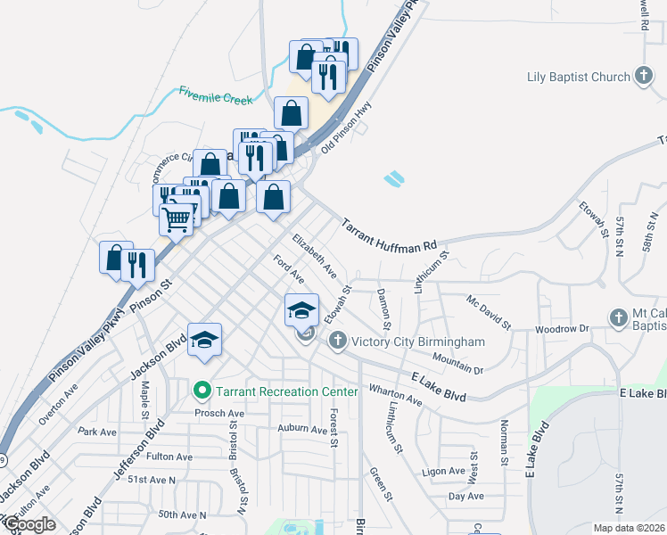 map of restaurants, bars, coffee shops, grocery stores, and more near 1420 Elizabeth Avenue in Birmingham