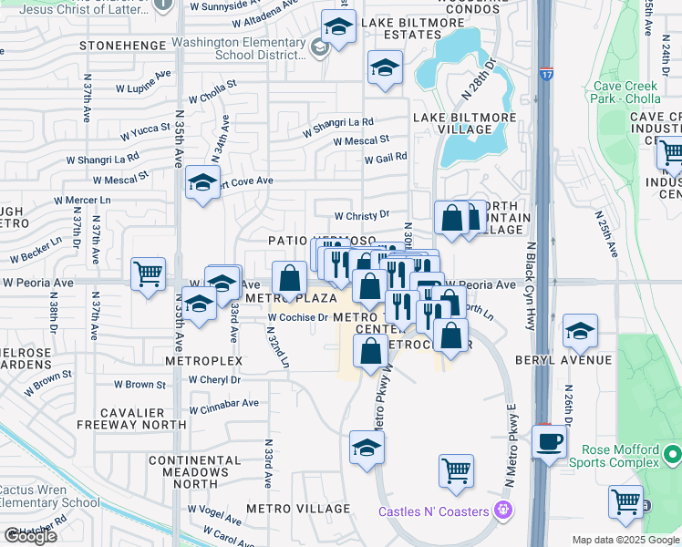map of restaurants, bars, coffee shops, grocery stores, and more near 3129 West Becker Lane in Phoenix