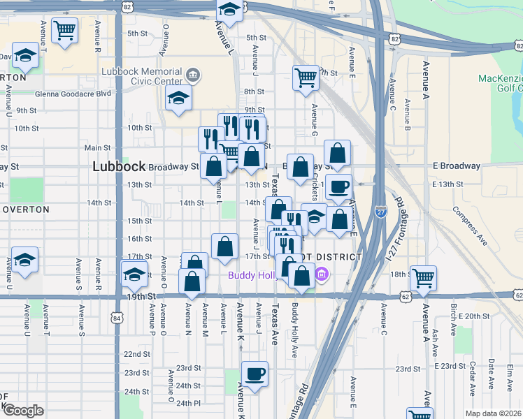 map of restaurants, bars, coffee shops, grocery stores, and more near 1414 Avenue J in Lubbock