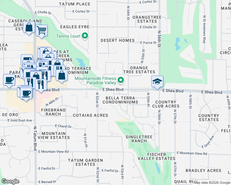 map of restaurants, bars, coffee shops, grocery stores, and more near 5335 East Shea Boulevard in Scottsdale