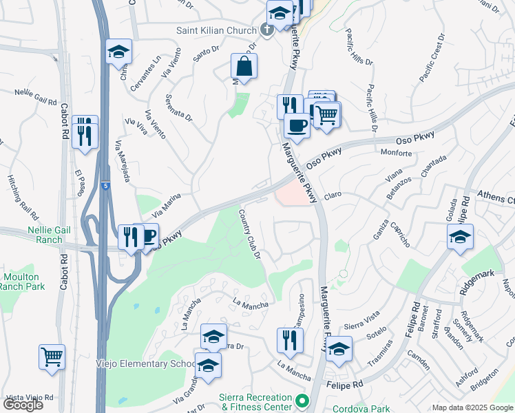 map of restaurants, bars, coffee shops, grocery stores, and more near 26241 Amapola Lane in Mission Viejo