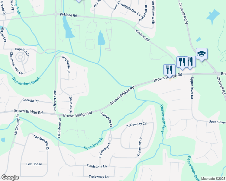map of restaurants, bars, coffee shops, grocery stores, and more near 11718 Brown Bridge Road in Covington