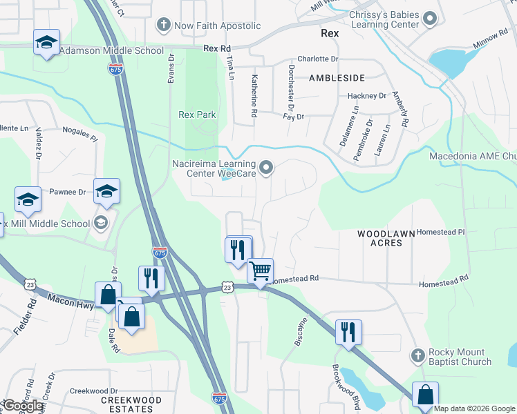 map of restaurants, bars, coffee shops, grocery stores, and more near 6306 Lakeview Court in Rex