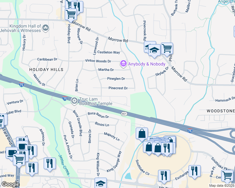 map of restaurants, bars, coffee shops, grocery stores, and more near 992 Brian Lane in Forest Park