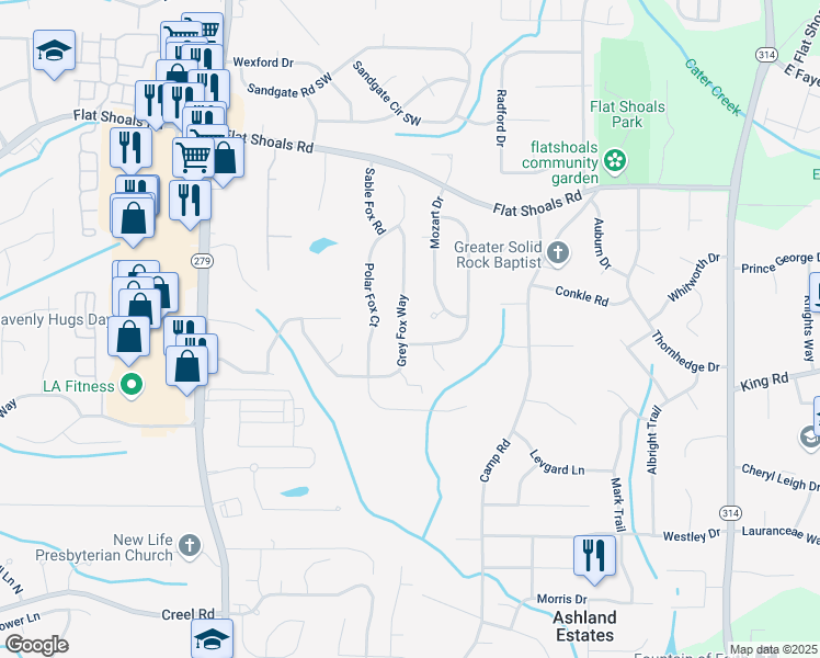 map of restaurants, bars, coffee shops, grocery stores, and more near 6378 Grey Fox Way in Riverdale