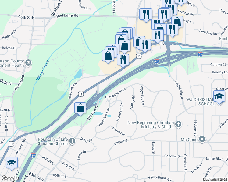 map of restaurants, bars, coffee shops, grocery stores, and more near 421 Cumberland Drive in Birmingham