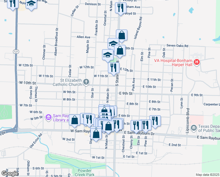 map of restaurants, bars, coffee shops, grocery stores, and more near 105 East 9th Street in Bonham