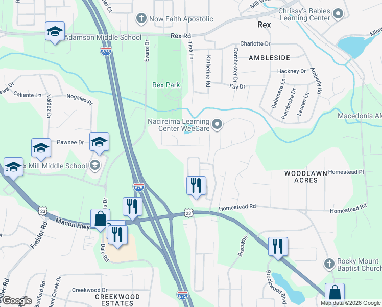 map of restaurants, bars, coffee shops, grocery stores, and more near 6248 Ellenwood Drive in Rex