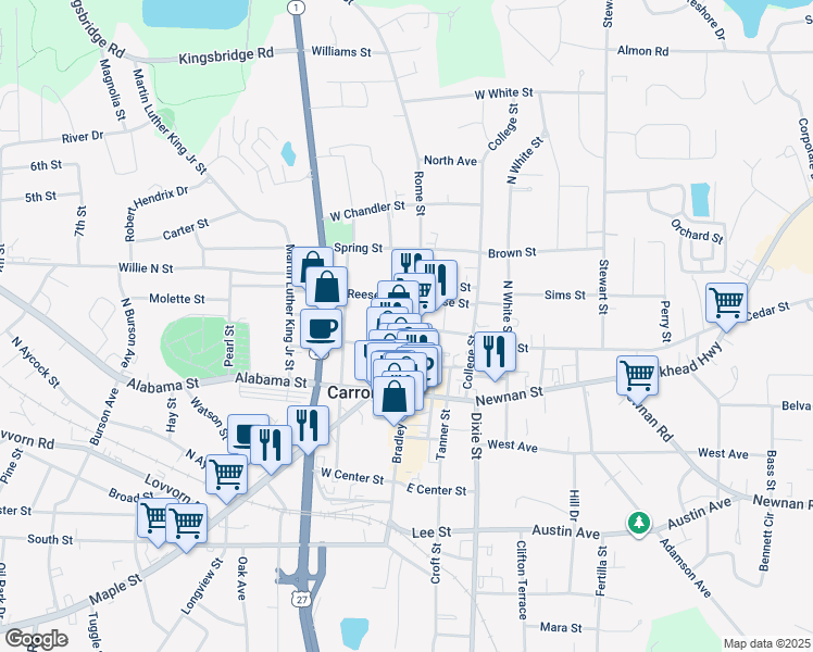 map of restaurants, bars, coffee shops, grocery stores, and more near 212 West Ward Street in Carrollton