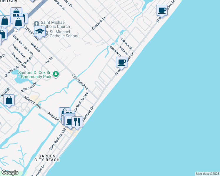 map of restaurants, bars, coffee shops, grocery stores, and more near 302 Anglers Drive in Murrells Inlet