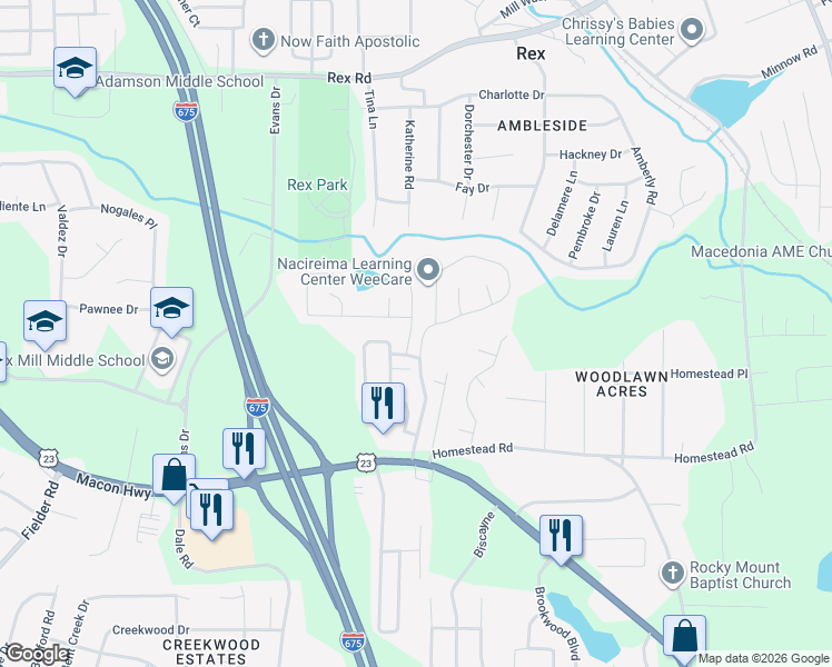 map of restaurants, bars, coffee shops, grocery stores, and more near 6306 Lakeview Court in Rex