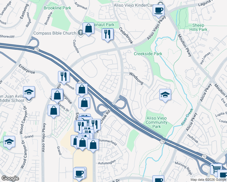 map of restaurants, bars, coffee shops, grocery stores, and more near 35 Southwind in Aliso Viejo