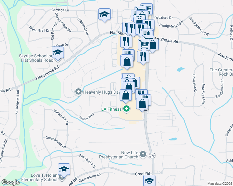 map of restaurants, bars, coffee shops, grocery stores, and more near 6042 Rockaway Road in Atlanta