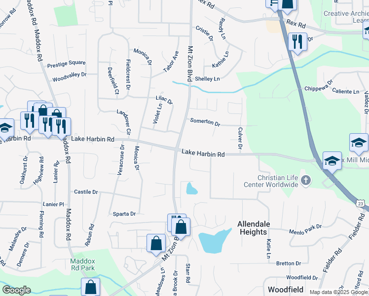 map of restaurants, bars, coffee shops, grocery stores, and more near 2690 Lake Harbin Road in Morrow