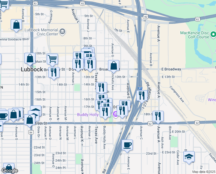 map of restaurants, bars, coffee shops, grocery stores, and more near 1415 Buddy Holly Ave in Lubbock