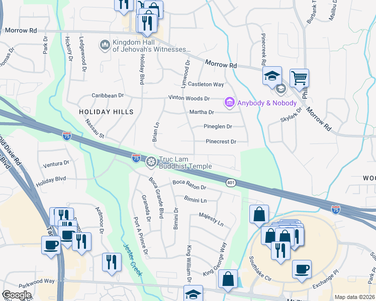 map of restaurants, bars, coffee shops, grocery stores, and more near 910 Brian Lane in Forest Park