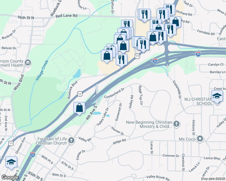 map of restaurants, bars, coffee shops, grocery stores, and more near 421 Cumberland Drive in Birmingham