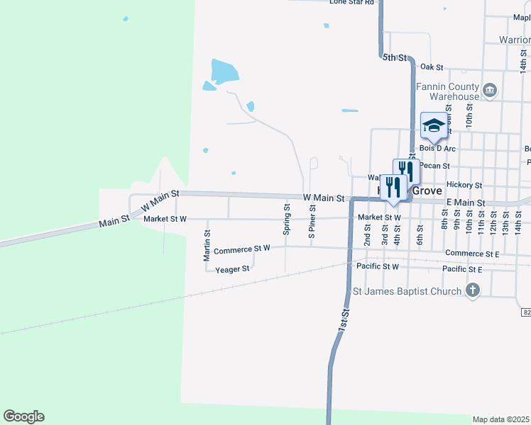 map of restaurants, bars, coffee shops, grocery stores, and more near 907 Market Street West in Honey Grove