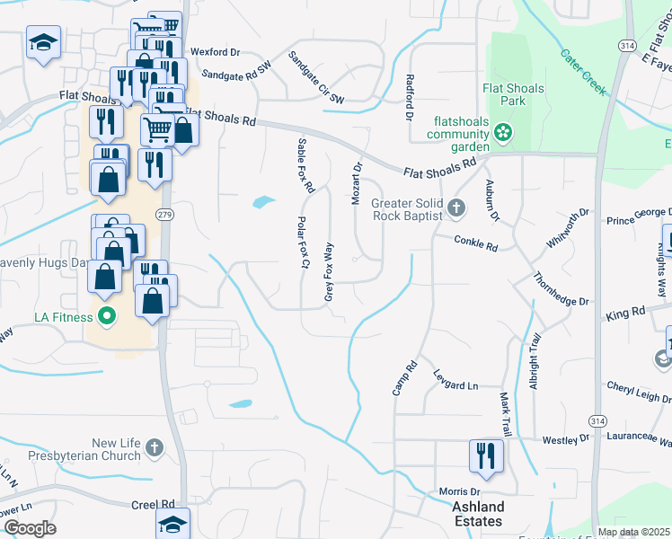 map of restaurants, bars, coffee shops, grocery stores, and more near 6378 Grey Fox Way in Riverdale