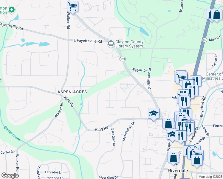 map of restaurants, bars, coffee shops, grocery stores, and more near 6336 Ascot Lane in Riverdale