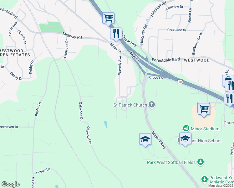 map of restaurants, bars, coffee shops, grocery stores, and more near 134 Waverly Avenue in Adamsville