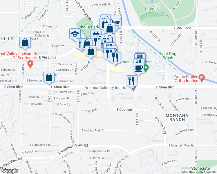 map of restaurants, bars, coffee shops, grocery stores, and more near 9039 East Shea Boulevard in Scottsdale