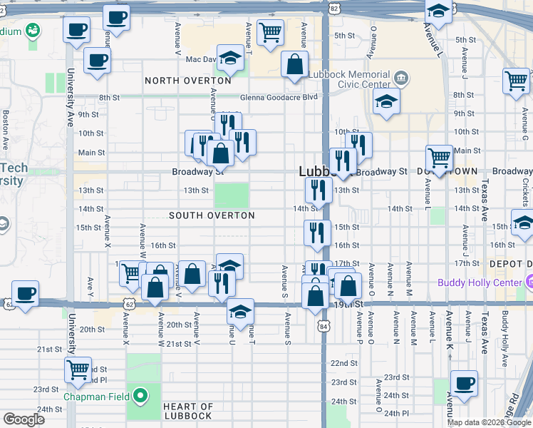 map of restaurants, bars, coffee shops, grocery stores, and more near 1915 14th Street in Lubbock