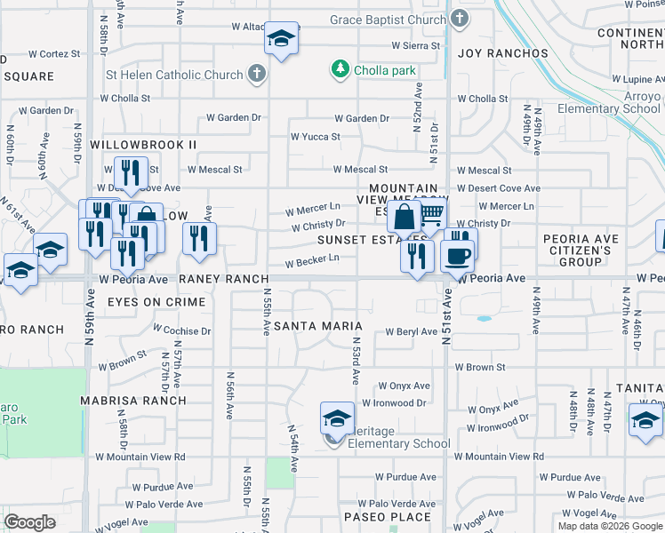 map of restaurants, bars, coffee shops, grocery stores, and more near 10612 North 53rd Circle in Glendale