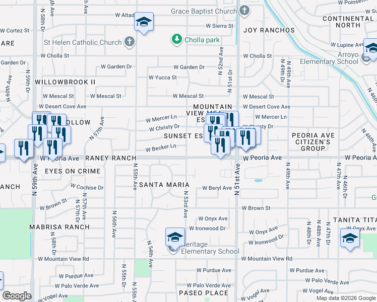 map of restaurants, bars, coffee shops, grocery stores, and more near in Glendale