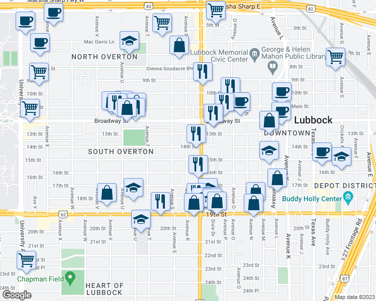 map of restaurants, bars, coffee shops, grocery stores, and more near 1403 Avenue R in Lubbock