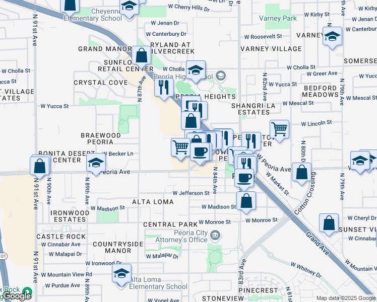 map of restaurants, bars, coffee shops, grocery stores, and more near in Peoria