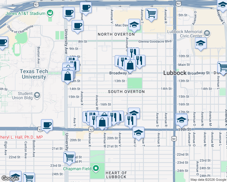 map of restaurants, bars, coffee shops, grocery stores, and more near 2123 14th Street in Lubbock