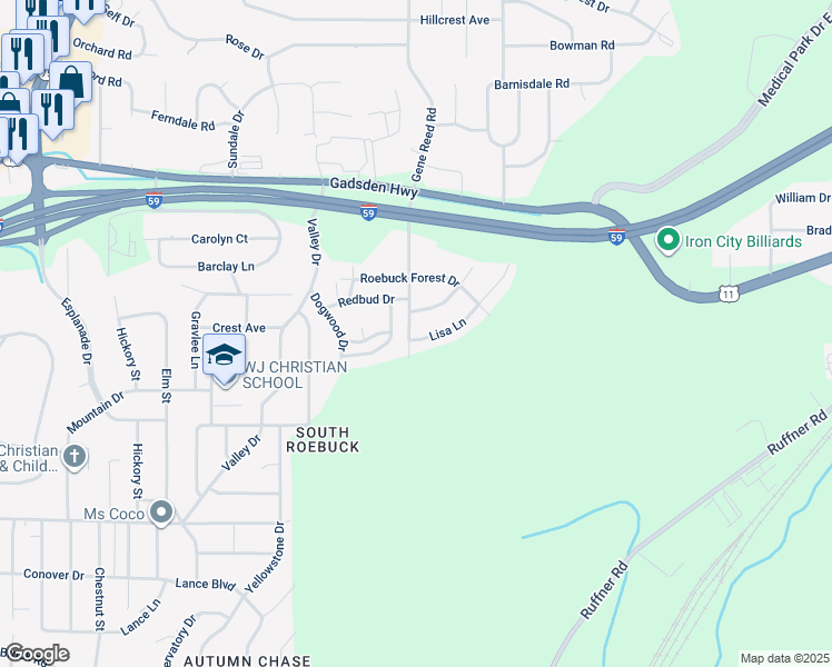 map of restaurants, bars, coffee shops, grocery stores, and more near 332 Lisa Lane in Birmingham