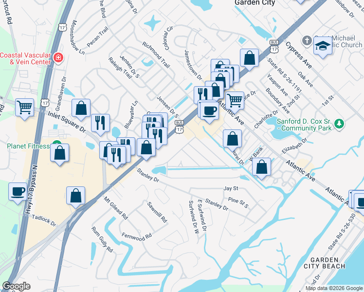 map of restaurants, bars, coffee shops, grocery stores, and more near 184 Point Drive in Murrells Inlet