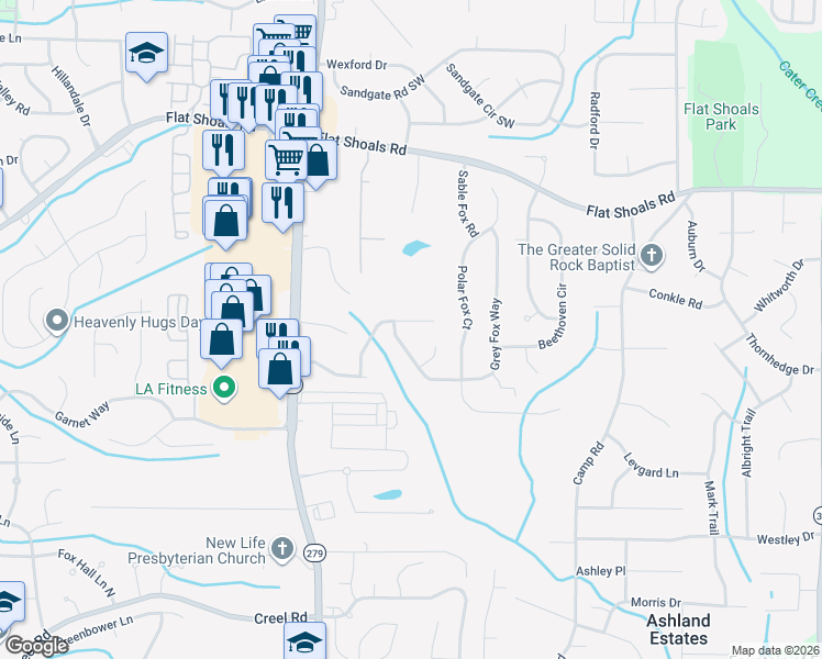 map of restaurants, bars, coffee shops, grocery stores, and more near 2204 Crossrail Drive in Atlanta