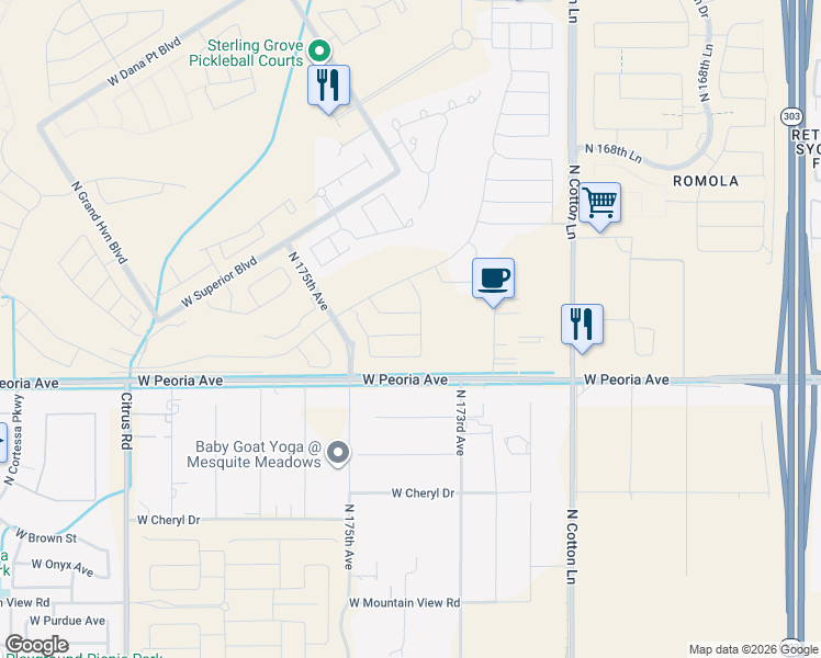 map of restaurants, bars, coffee shops, grocery stores, and more near 17333 West Peoria Avenue in Waddell