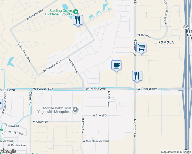 map of restaurants, bars, coffee shops, grocery stores, and more near 17429 West Peoria Avenue in Waddell